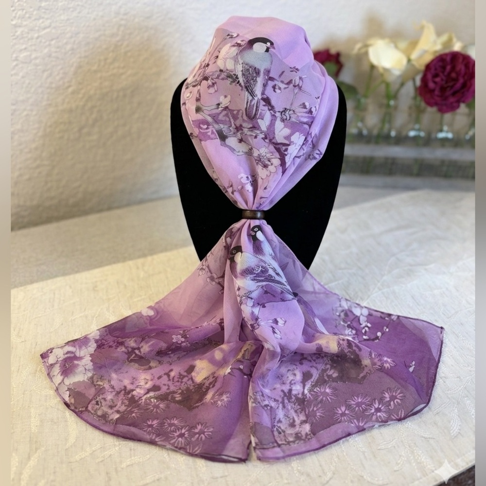 Vintage Liang Dian Sheer Magenta Scarf 20x60 Japanese Tit Bird & Cherry Blossoms